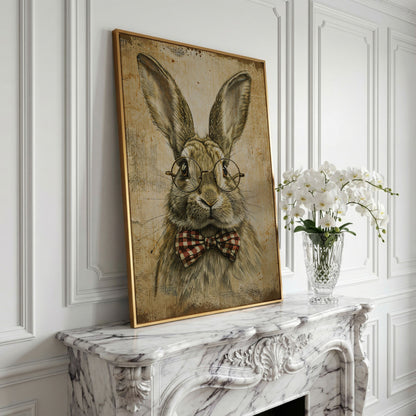 Vintage Scholar Bunny Canvas in yellow gold floating frame