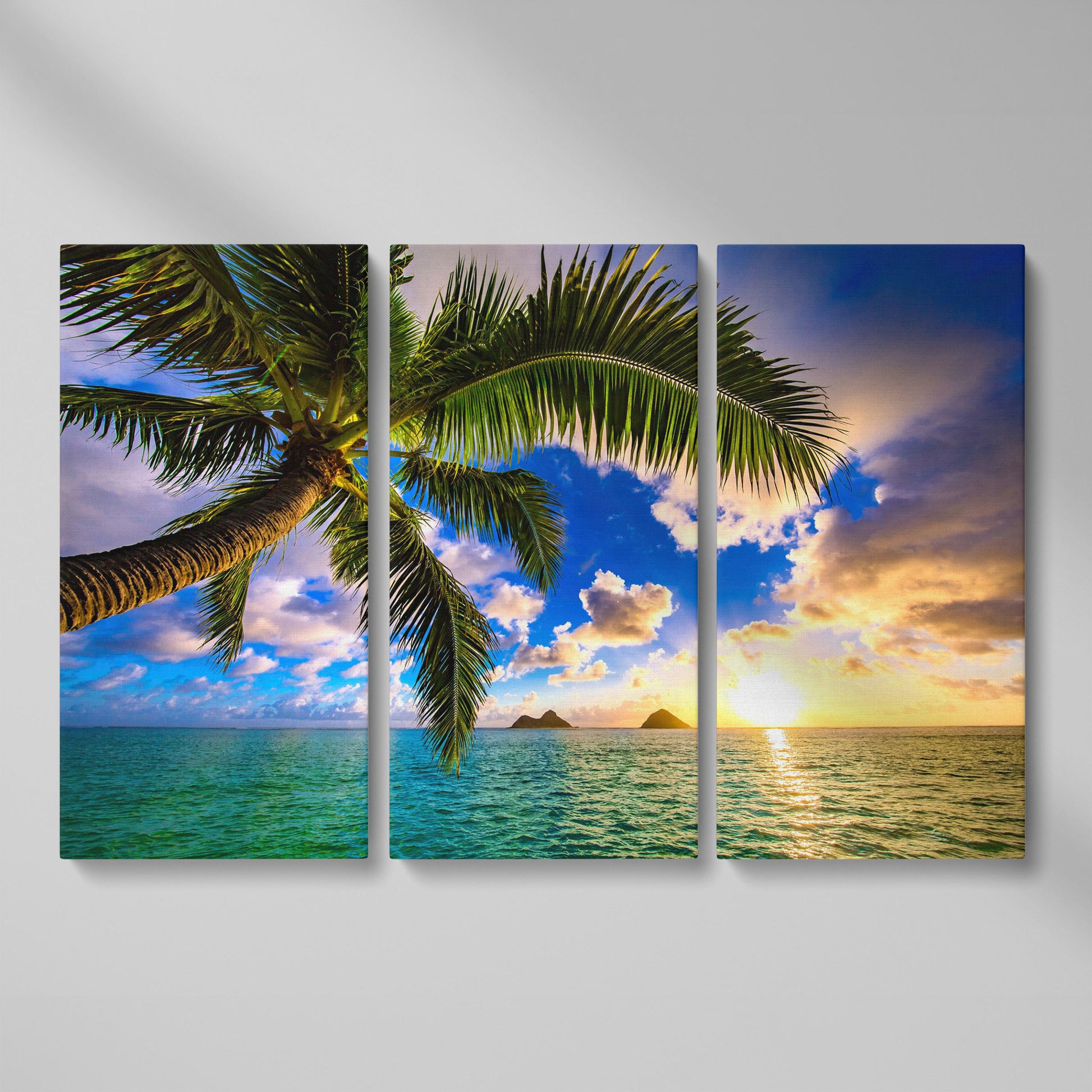 Tropical Island Sunrise Over Water Canvas as 3-panel split version