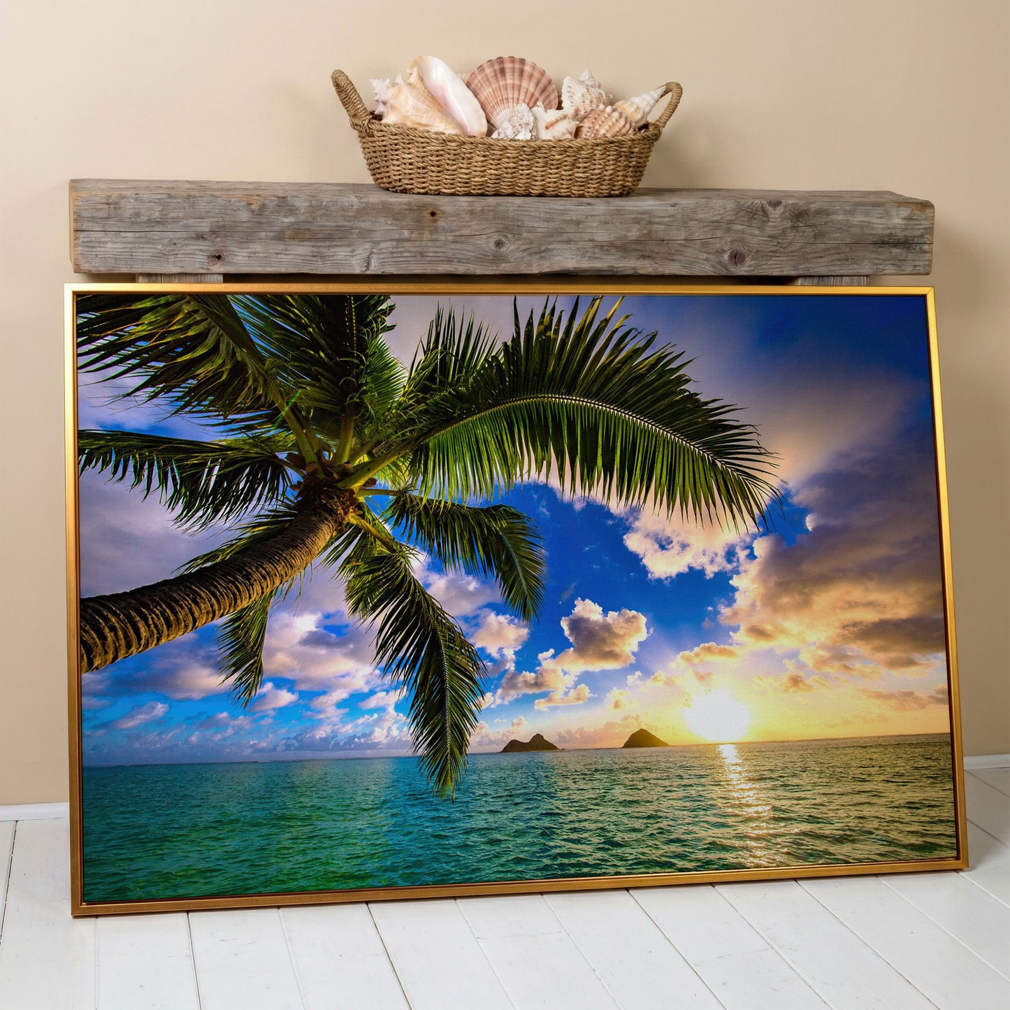 Tropical Island Sunrise Over Water Canvas in antique gold floating frame