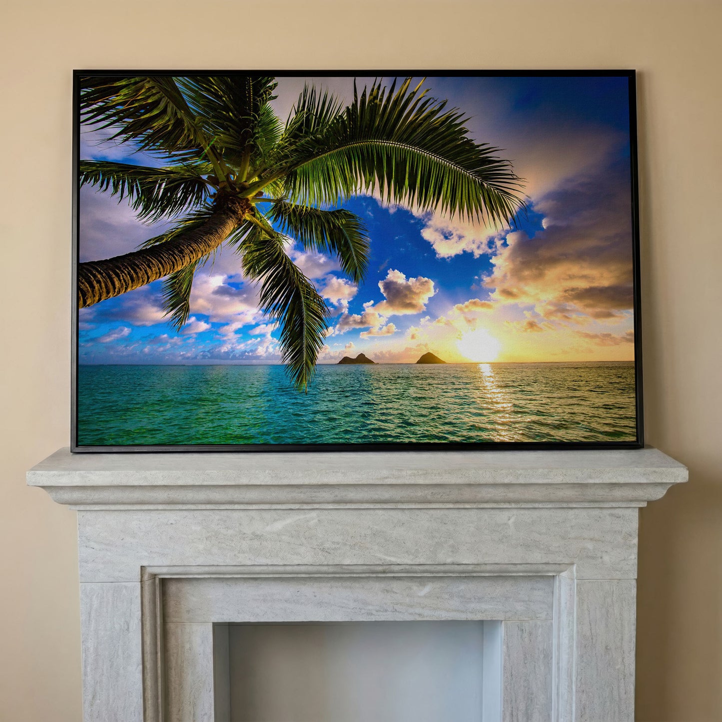 Tropical Island Sunrise Over Water Canvas in black floating frame