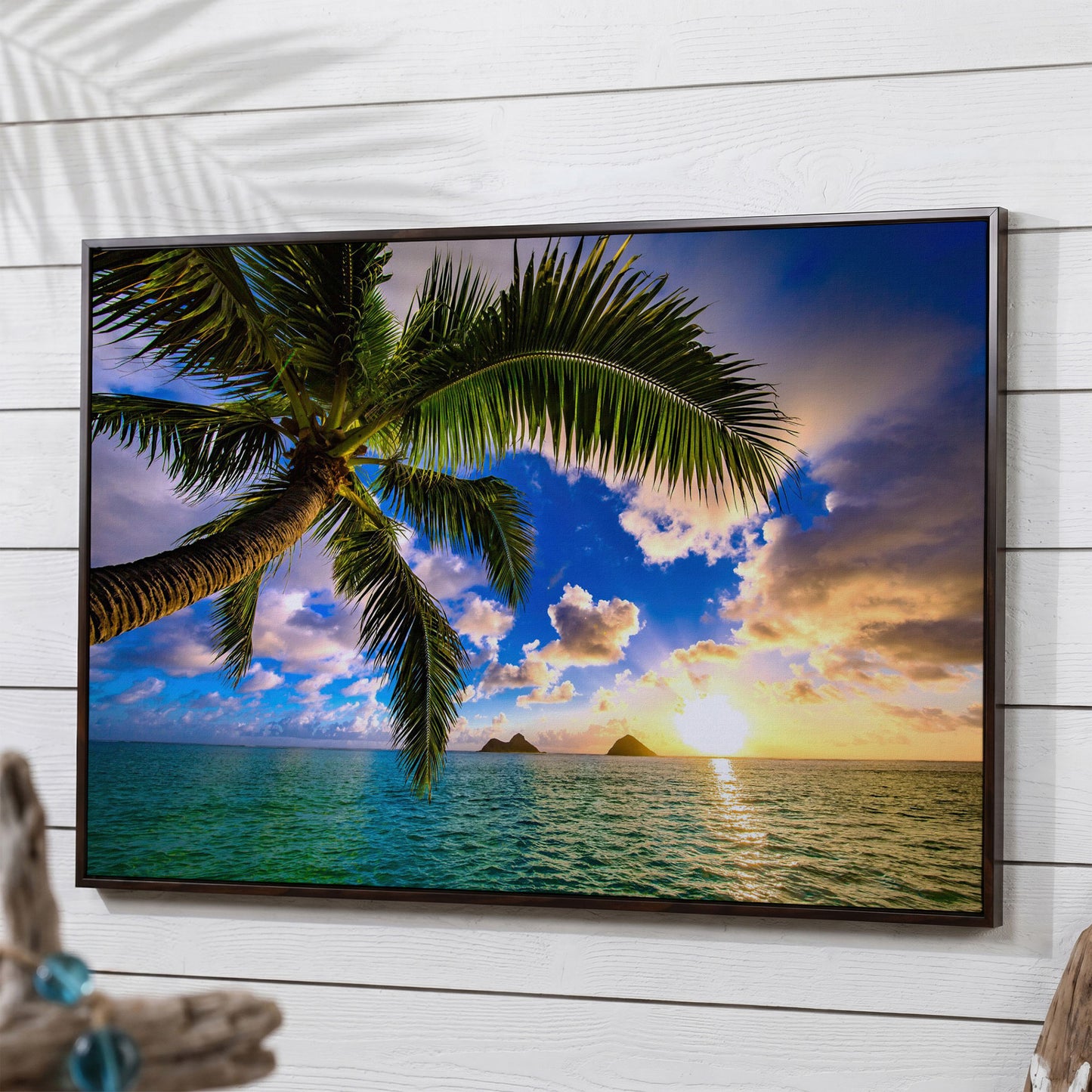 Tropical Island Sunrise Over Water Canvas in dark walnut floating frame
