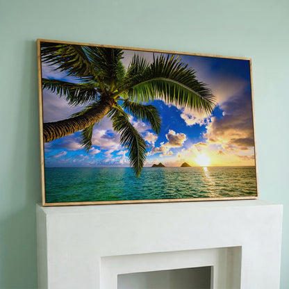 Tropical Island Sunrise Over Water Canvas in white oak floating frame