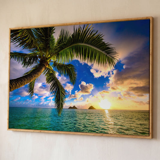 Tropical Island Sunrise Over Water Canvas shown in white oak floating frame