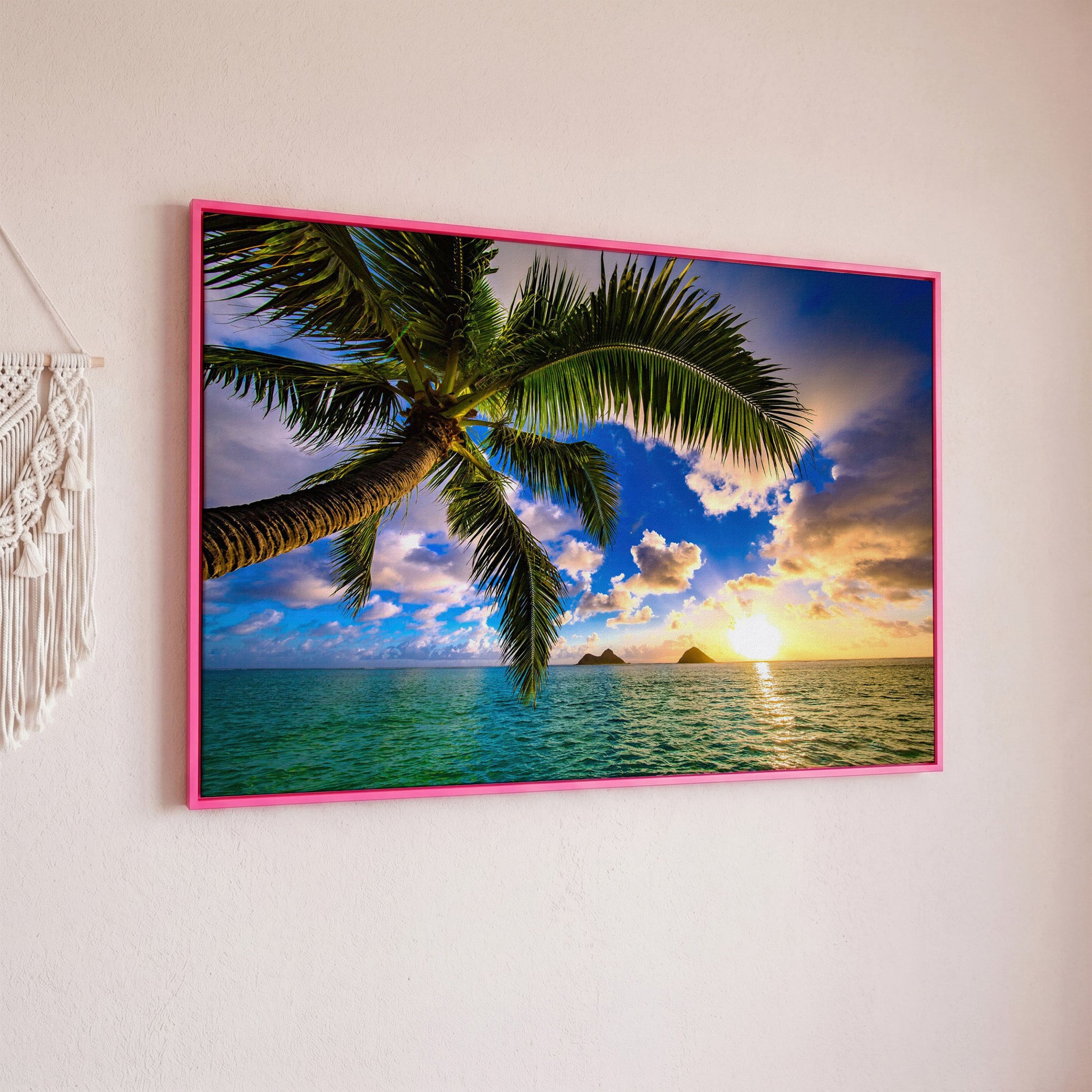 Tropical Island Sunrise Over Water Canvas in pink floating frame