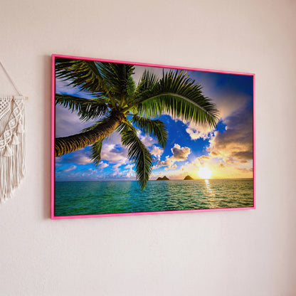 Tropical Island Sunrise Over Water Canvas in pink floating frame