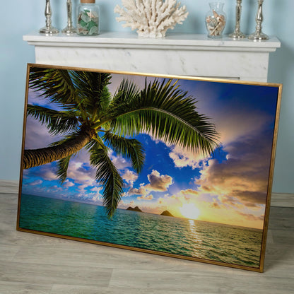 Tropical Island Sunrise Over Water Canvas in rose gold floating frame