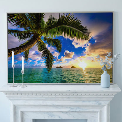 Tropical Island Sunrise Over Water Canvas in silver floating frame