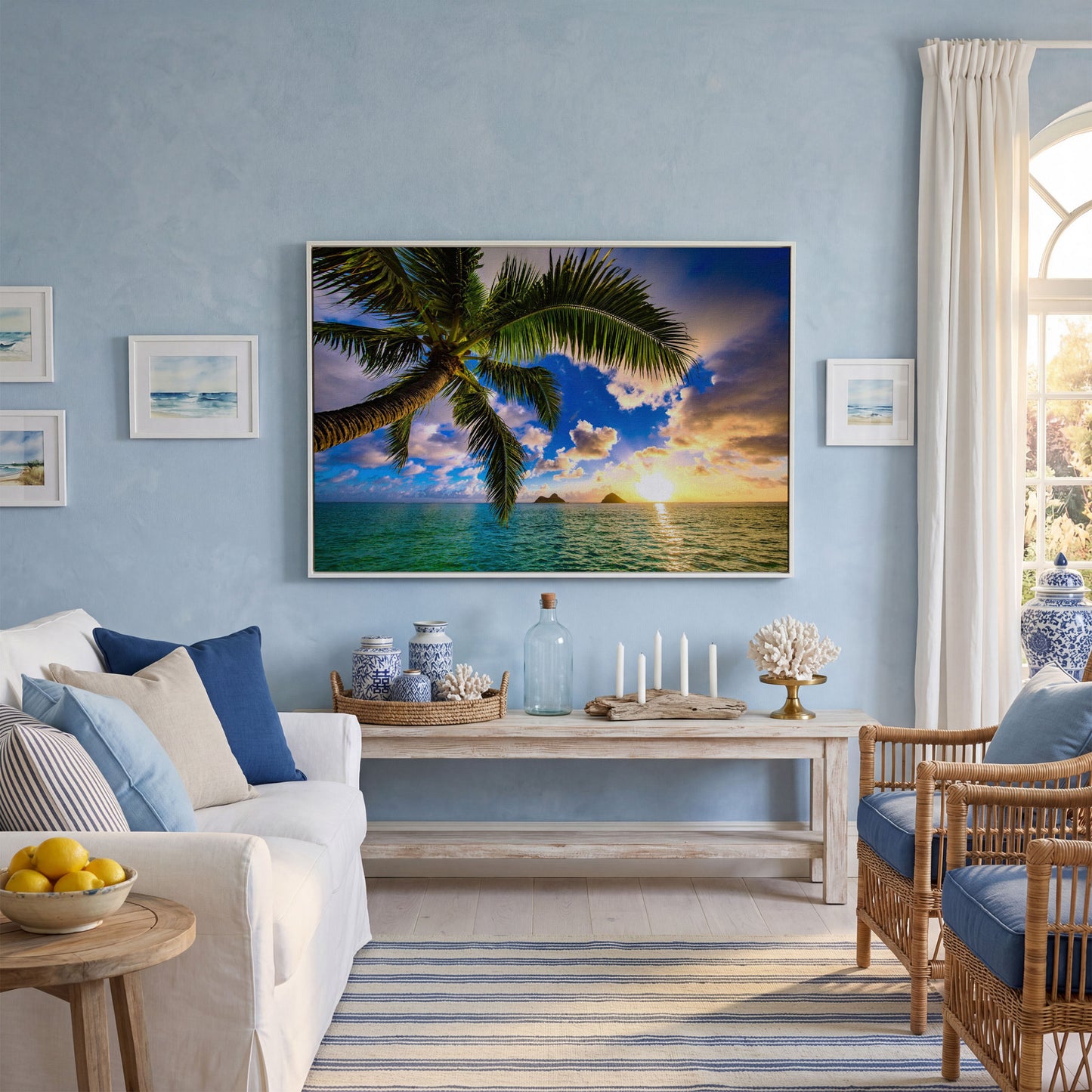 Tropical Island Sunrise Over Water Canvas in white floating frame