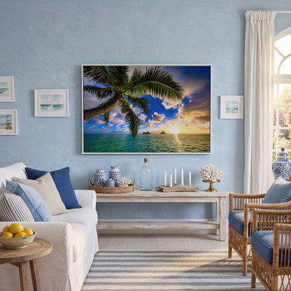 Tropical Island Sunrise Over Water Canvas in white floating frame
