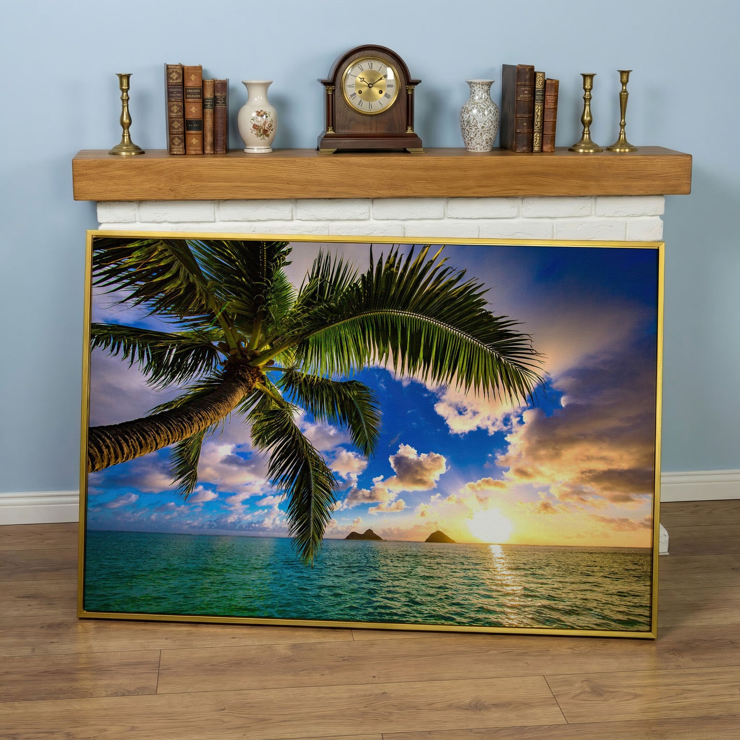Tropical Island Sunrise Over Water Canvas in yellow gold floating frame