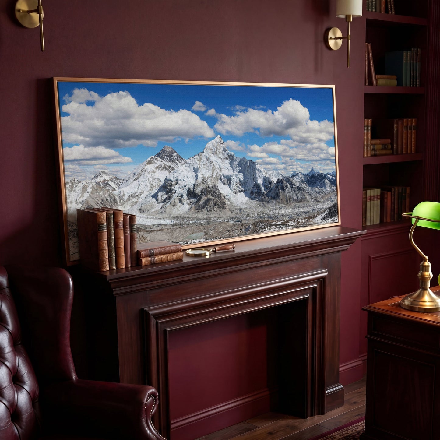 Everest Summit Himalayan Panorama Canvas in antique gold floating frame
