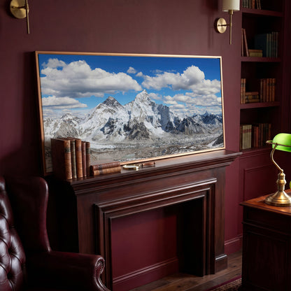 Everest Summit Himalayan Panorama Canvas in antique gold floating frame