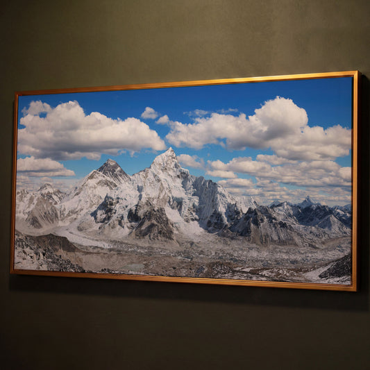 Everest Summit Himalayan Panorama Canvas shown in antique gold floating frame