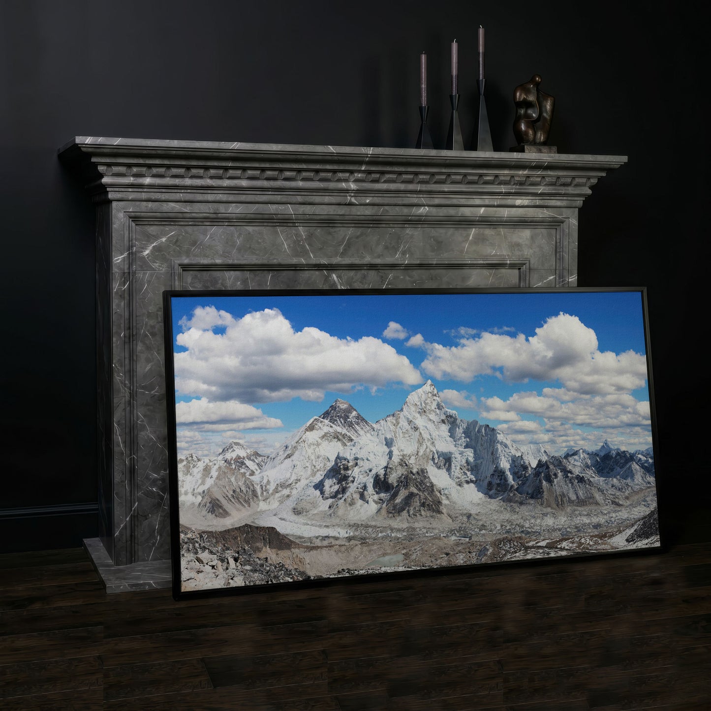 Everest Summit Himalayan Panorama Canvas in black floating frame