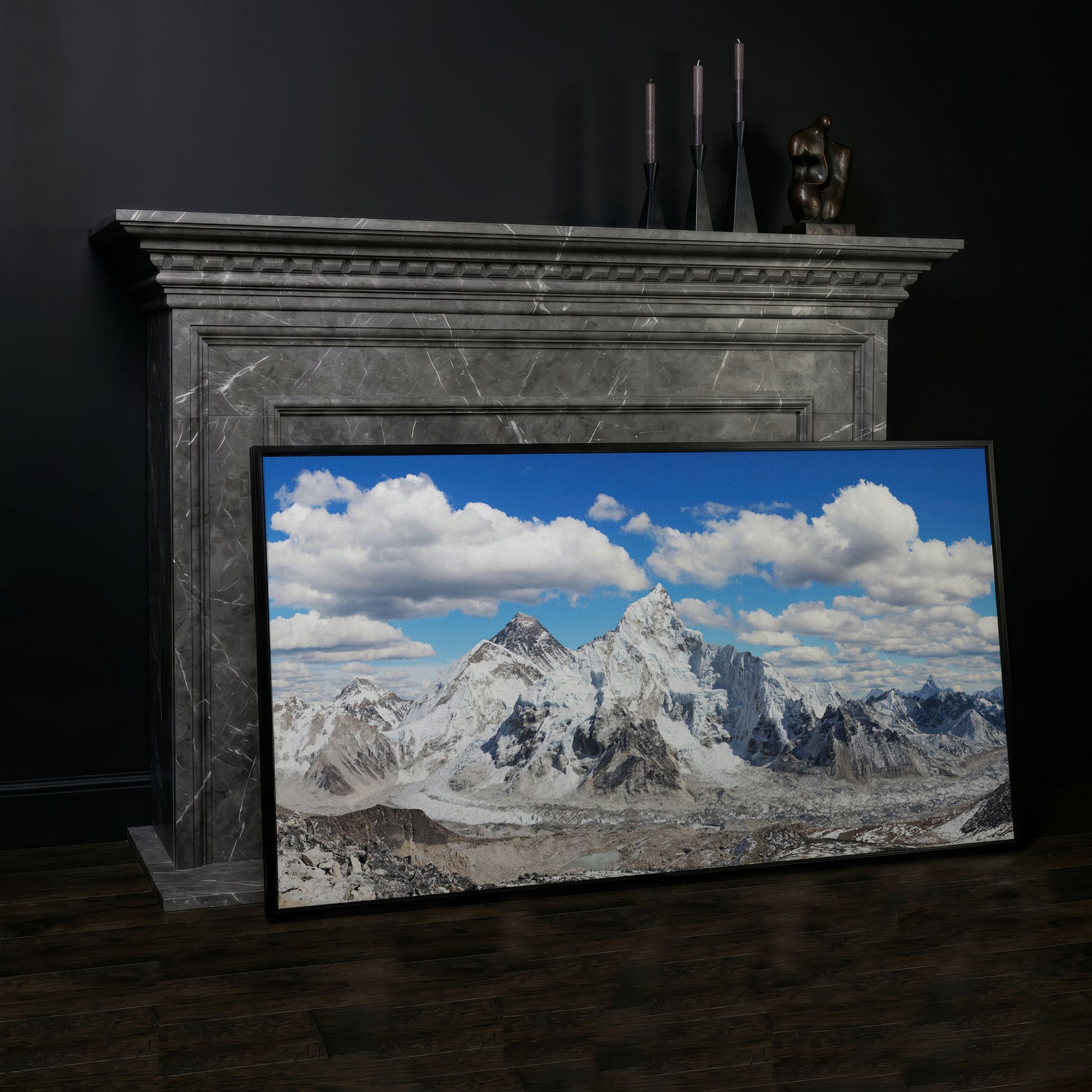 Everest Summit Himalayan Panorama Canvas in black floating frame