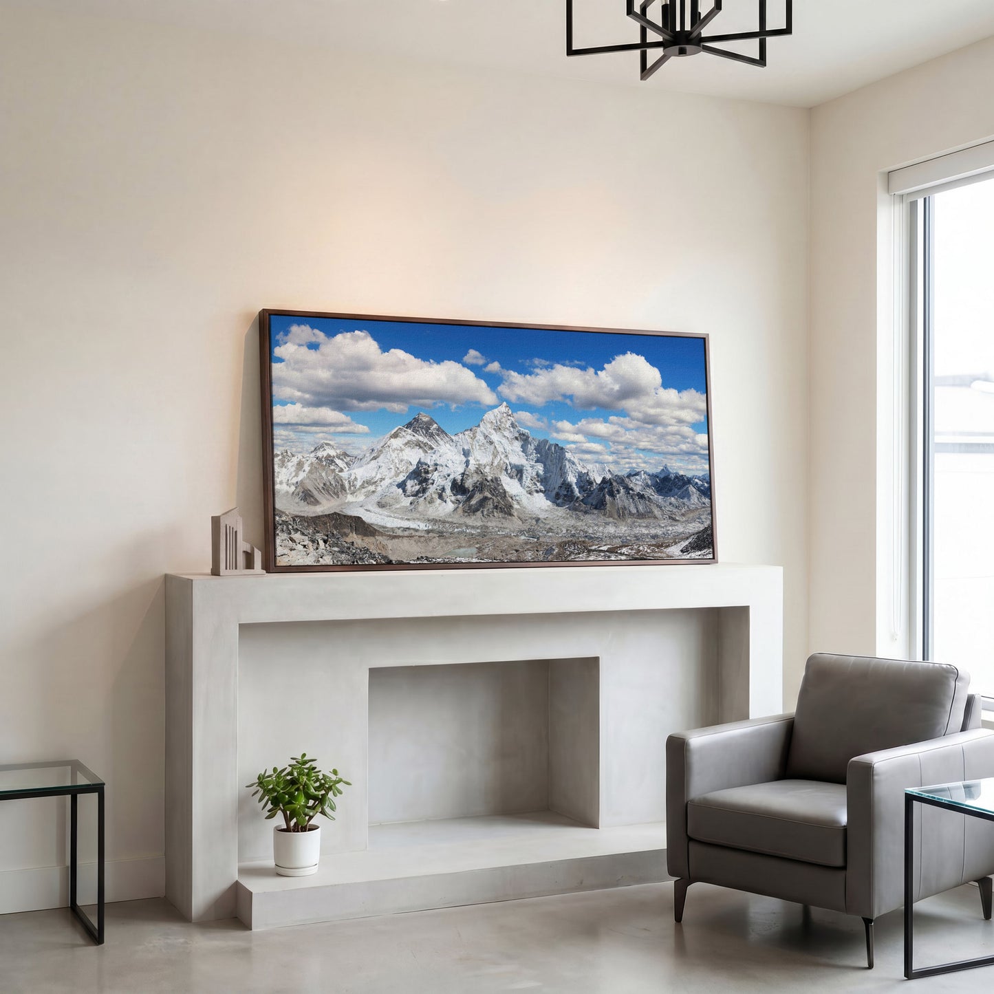 Everest Summit Himalayan Panorama Canvas in dark walnut floating frame