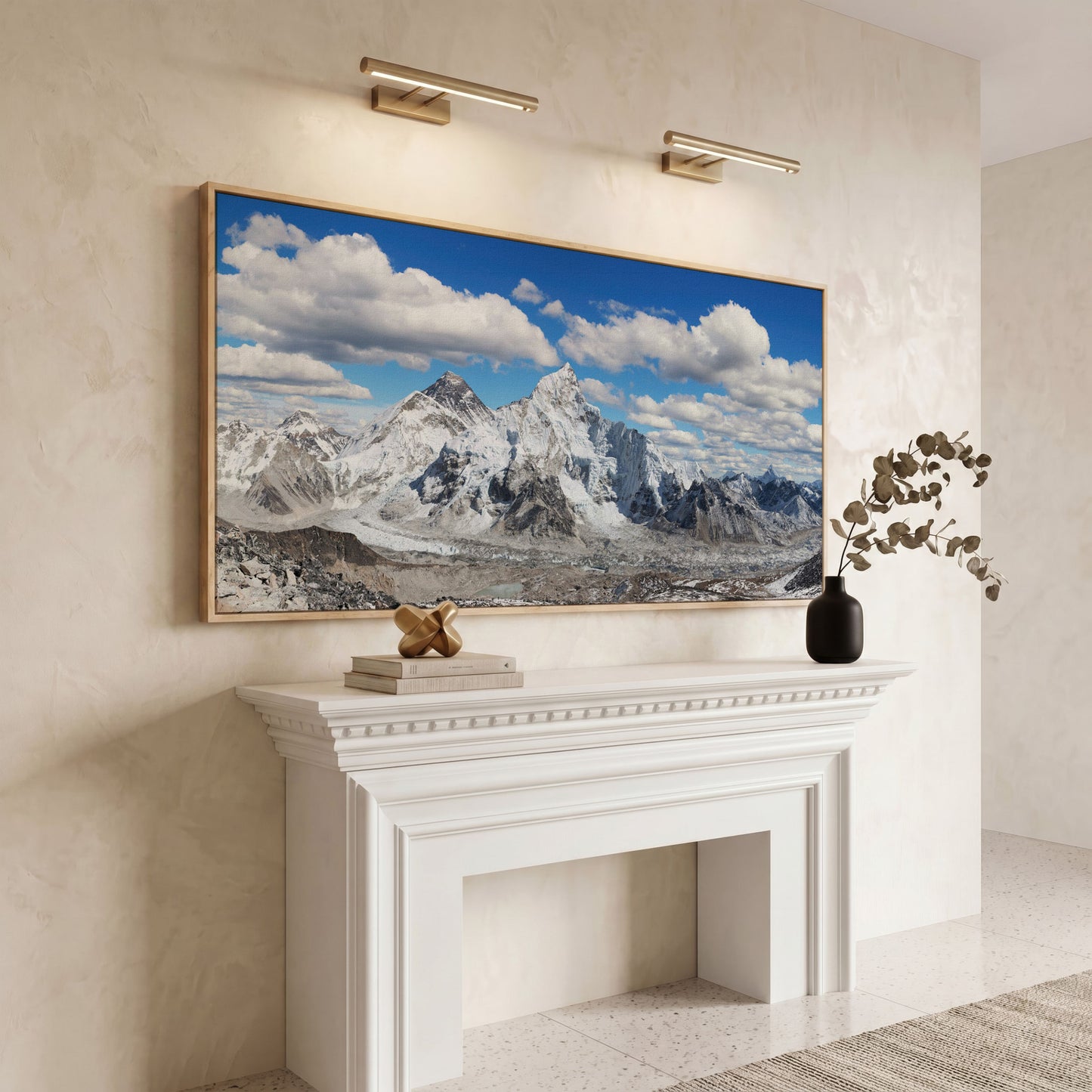 Everest Summit Himalayan Panorama Canvas in white oak floating frame