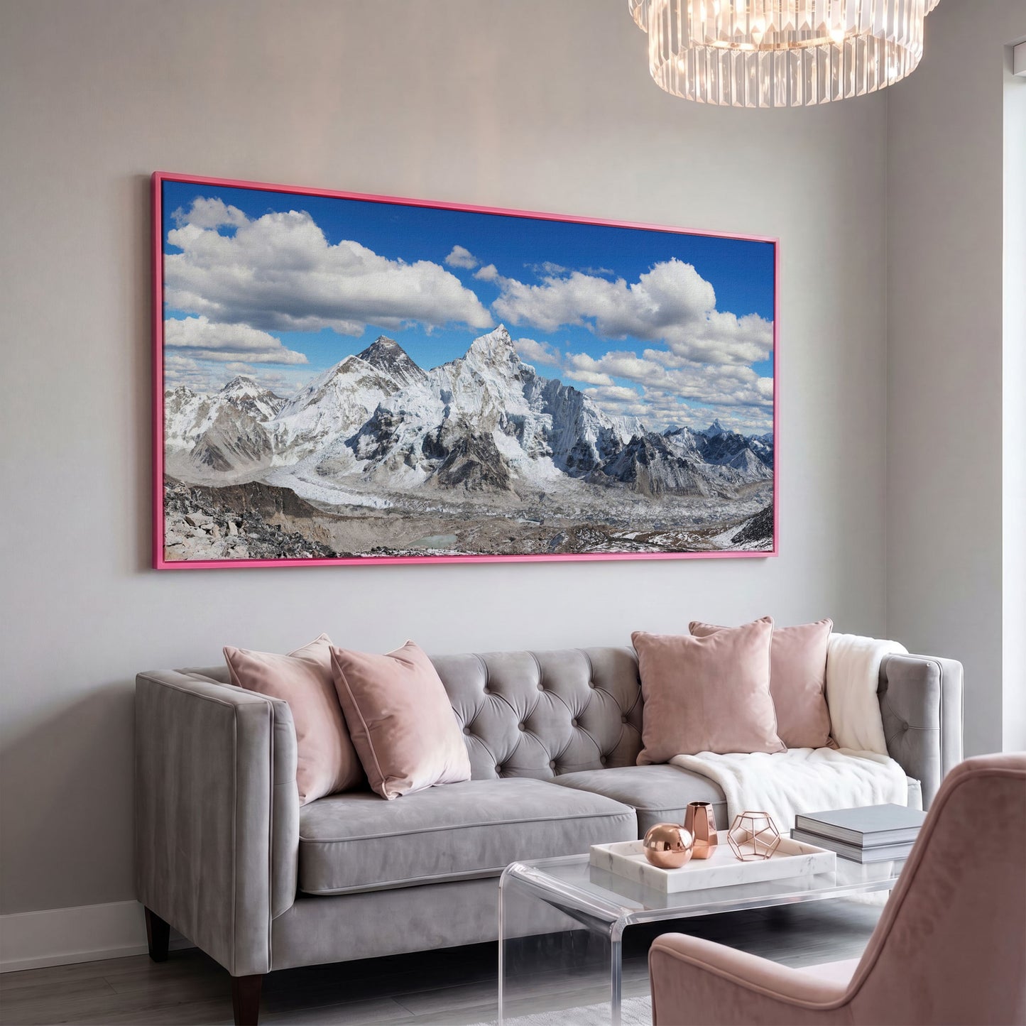 Everest Summit Himalayan Panorama Canvas in pink floating frame