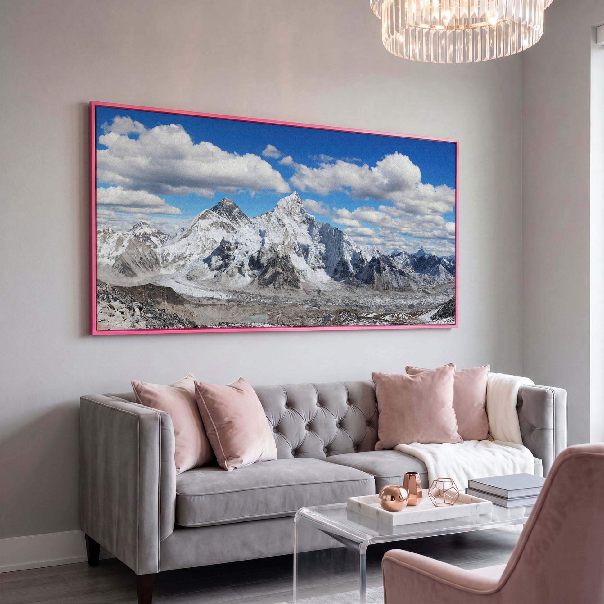 Everest Summit Himalayan Panorama Canvas in pink floating frame