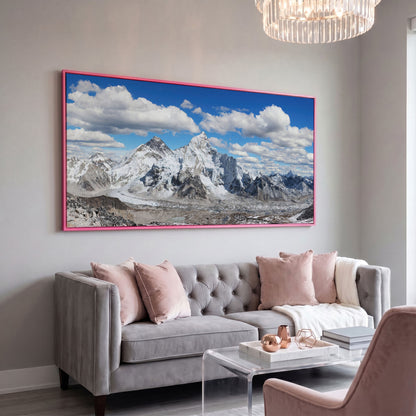 Everest Summit Himalayan Panorama Canvas in pink floating frame