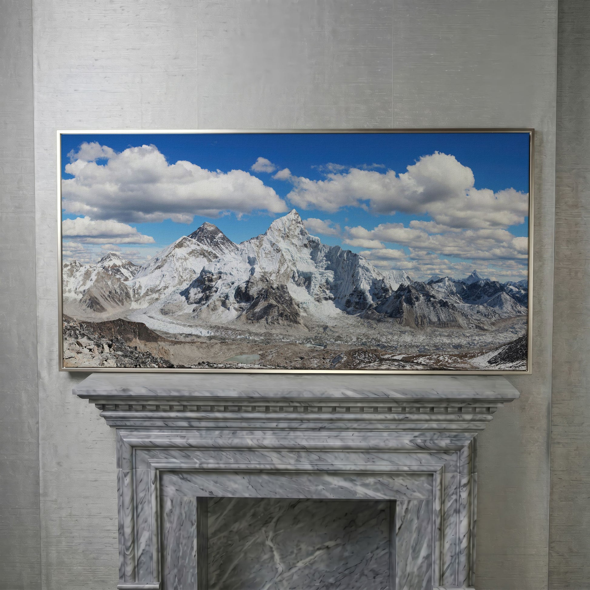 Everest Summit Himalayan Panorama Canvas in silver floating frame