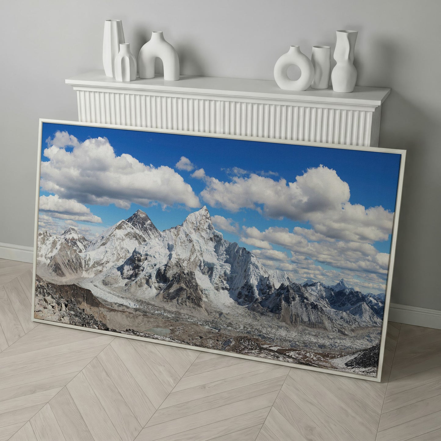 Everest Summit Himalayan Panorama Canvas in white floating frame