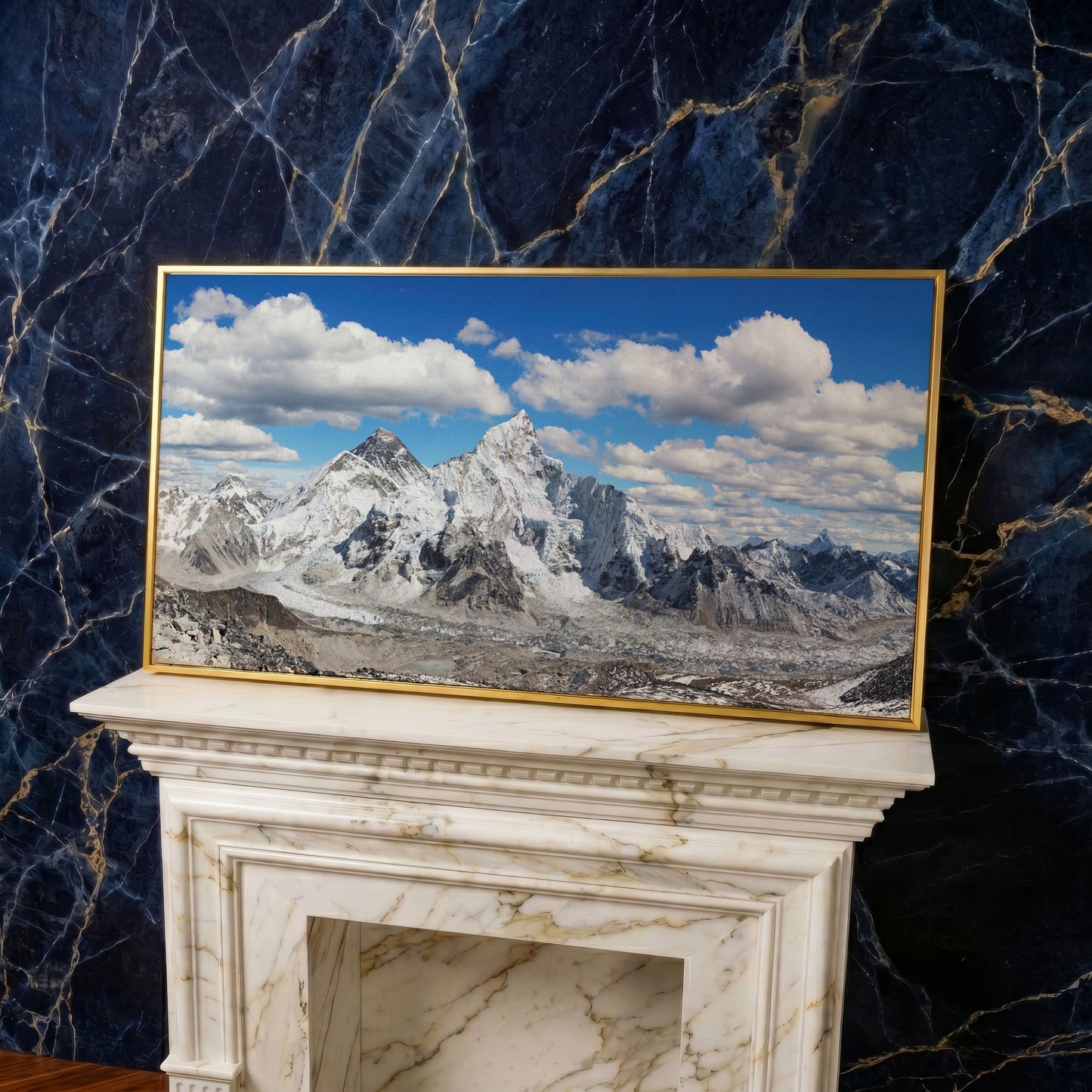 Everest Summit Himalayan Panorama Canvas in yellow gold floating frame