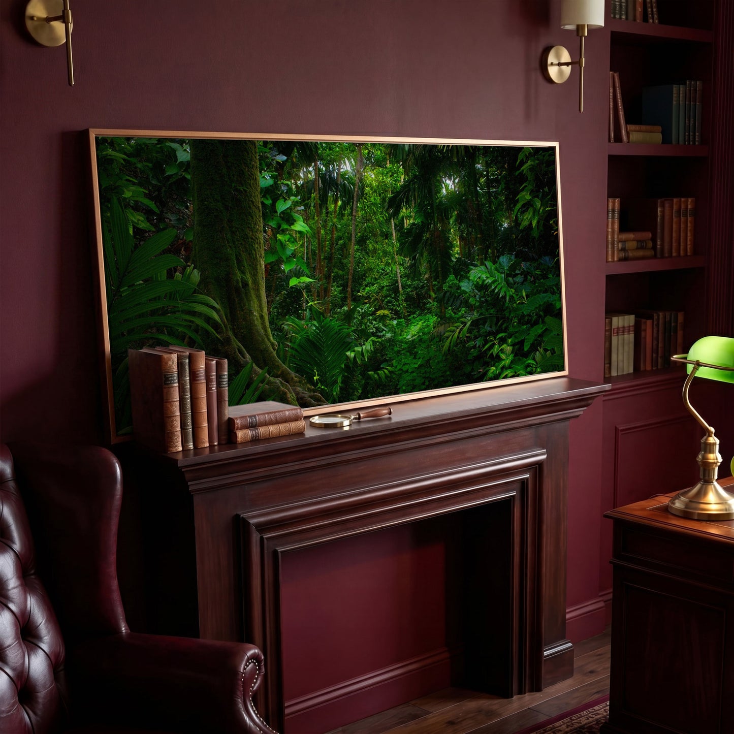Lush Tropical Jungle Canvas Wall Art in antique gold floating frame