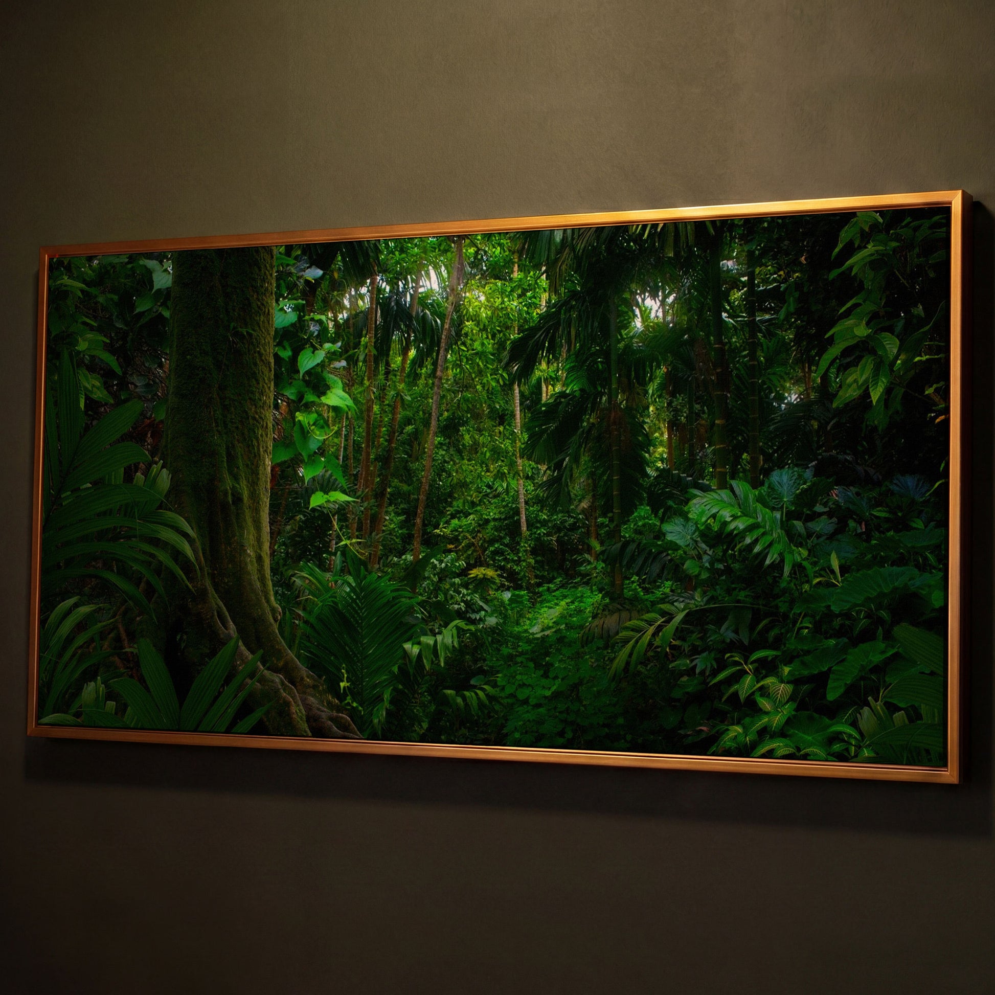Lush Tropical Jungle Canvas Wall Art shown in antique gold floating frame