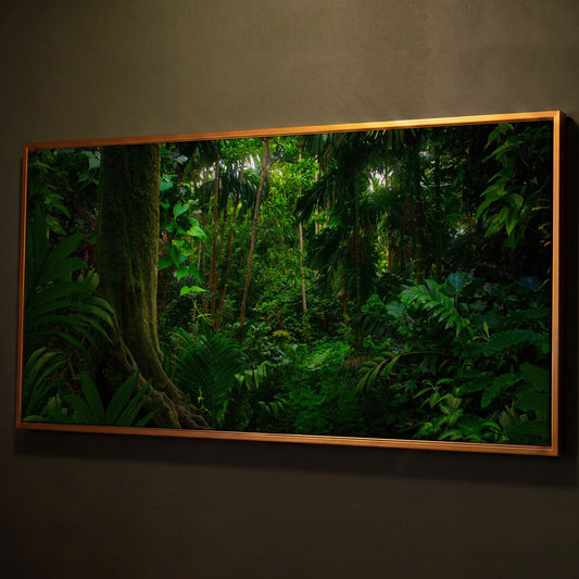 Lush Tropical Jungle Canvas Wall Art shown in antique gold floating frame