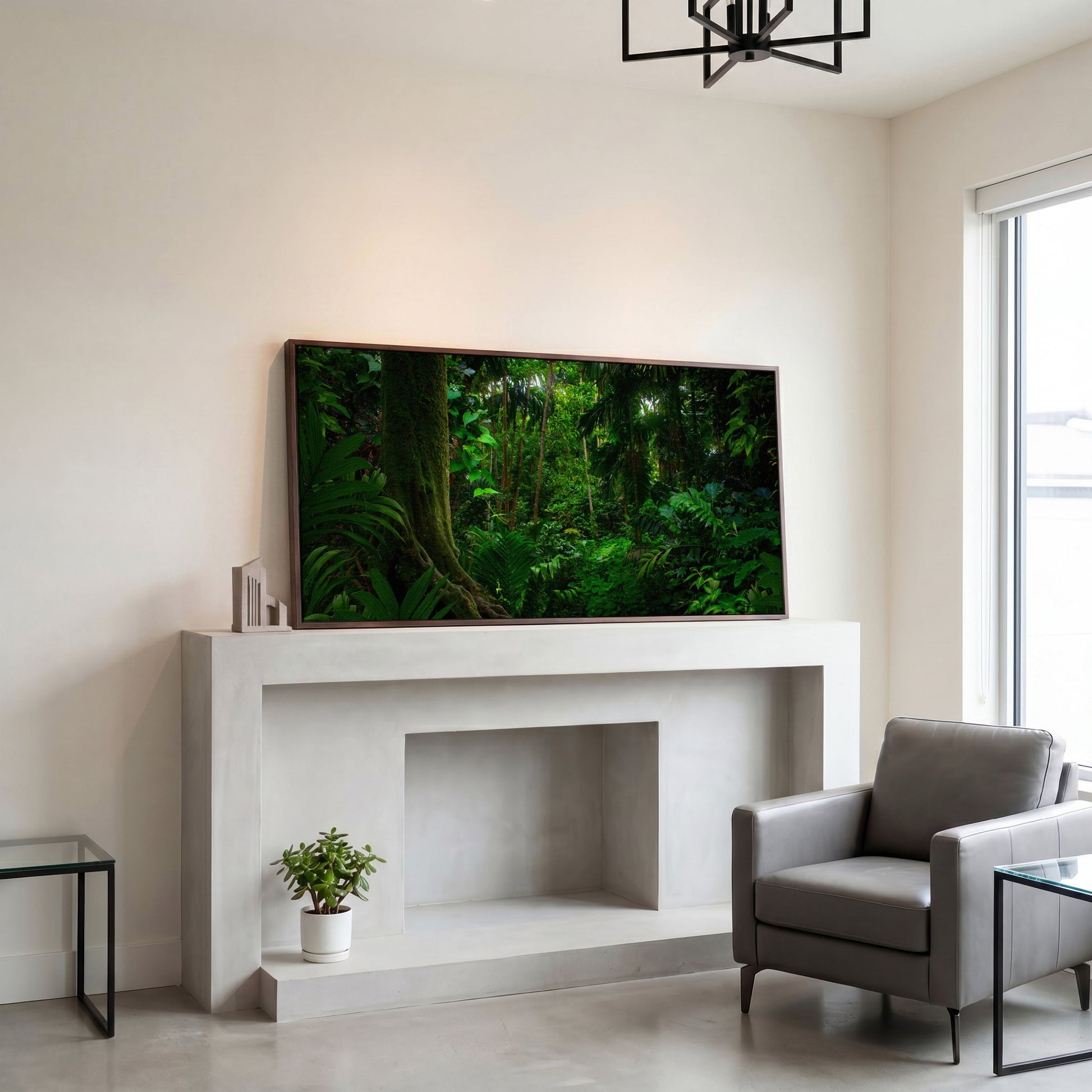 Lush Tropical Jungle Canvas Wall Art in dark walnut floating frame