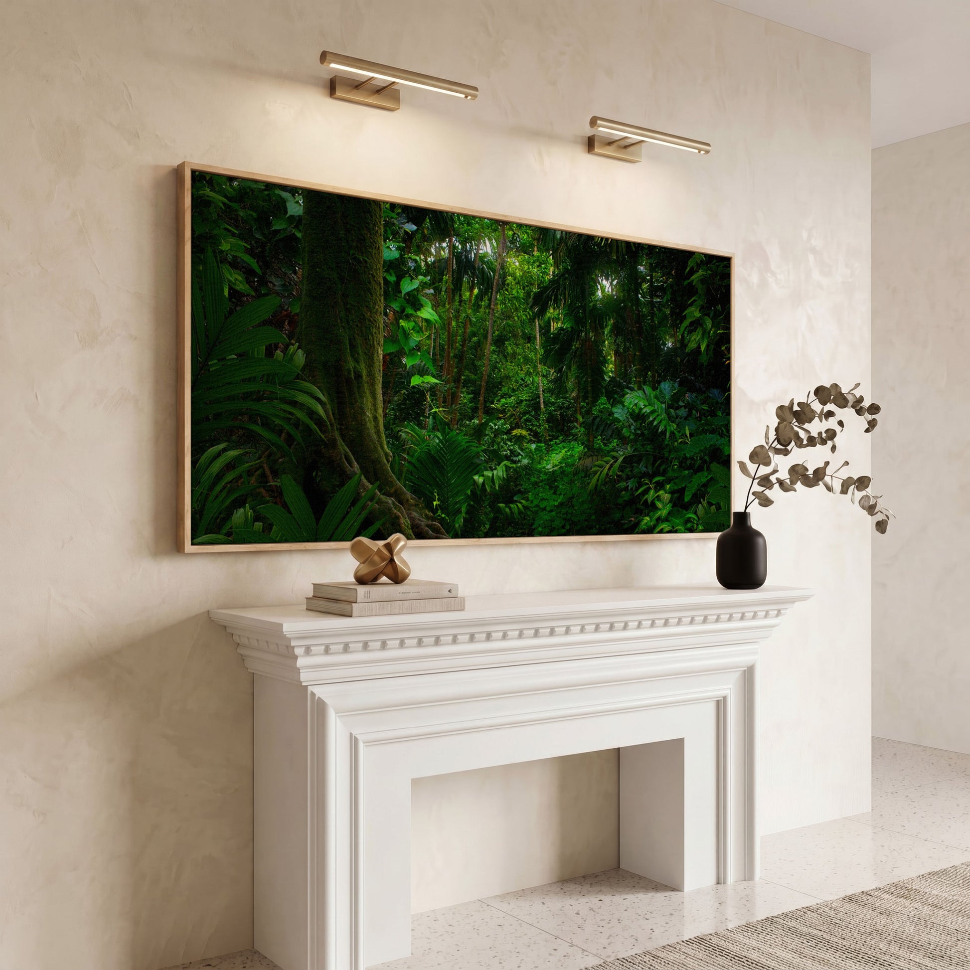 Lush Tropical Jungle Canvas Wall Art in white oak floating frame