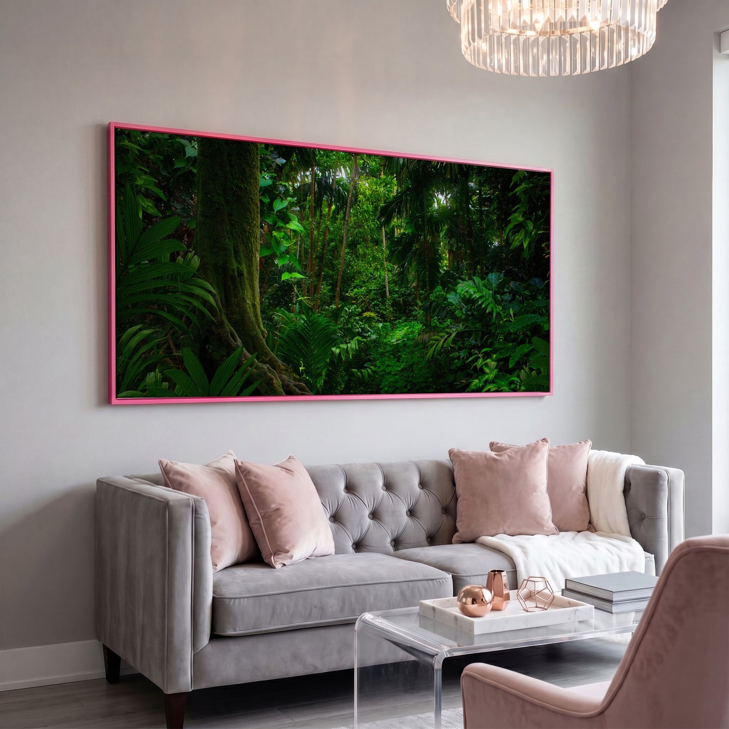 Lush Tropical Jungle Canvas Wall Art in pink floating frame