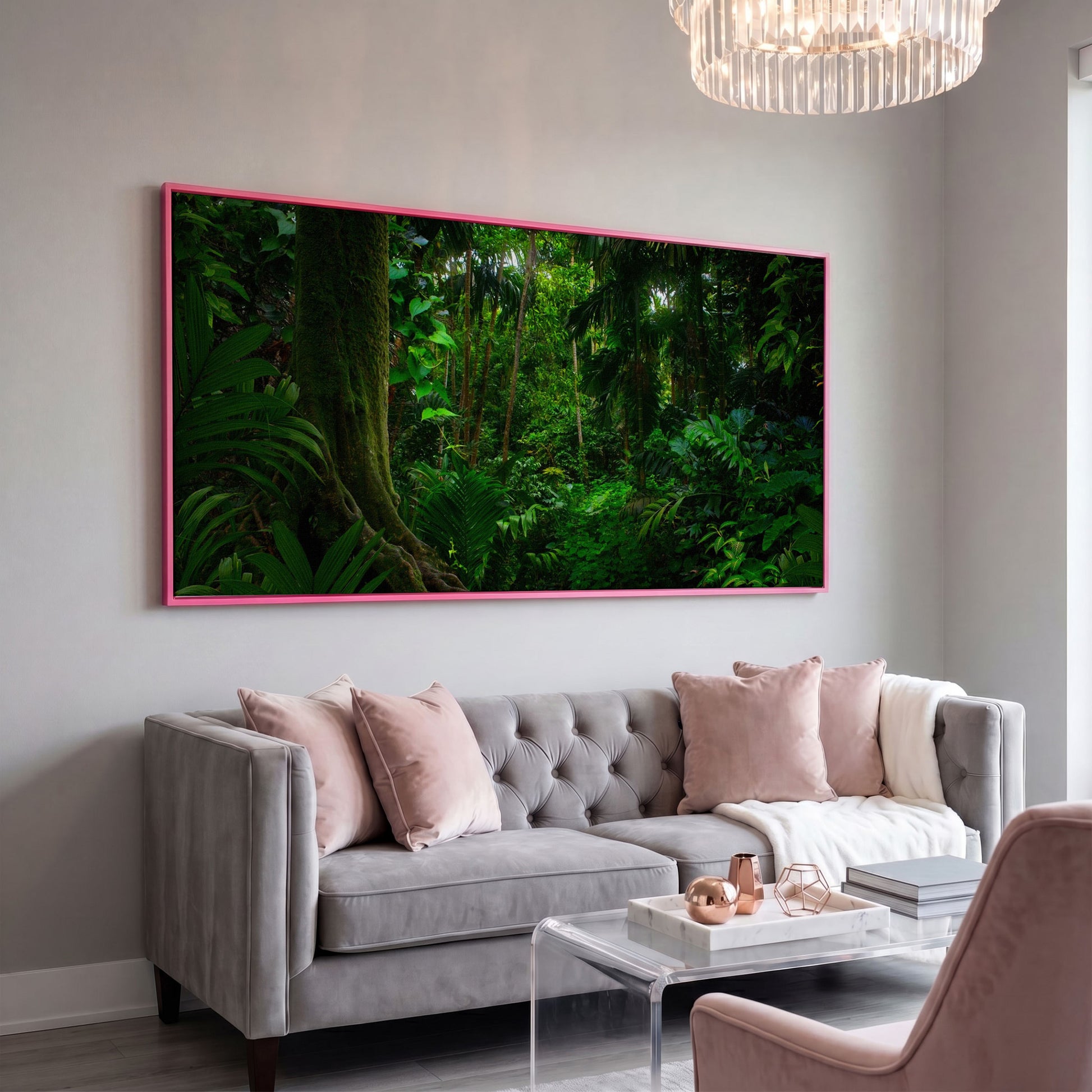 Lush Tropical Jungle Canvas Wall Art in pink floating frame