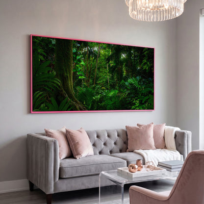 Lush Tropical Jungle Canvas Wall Art in pink floating frame