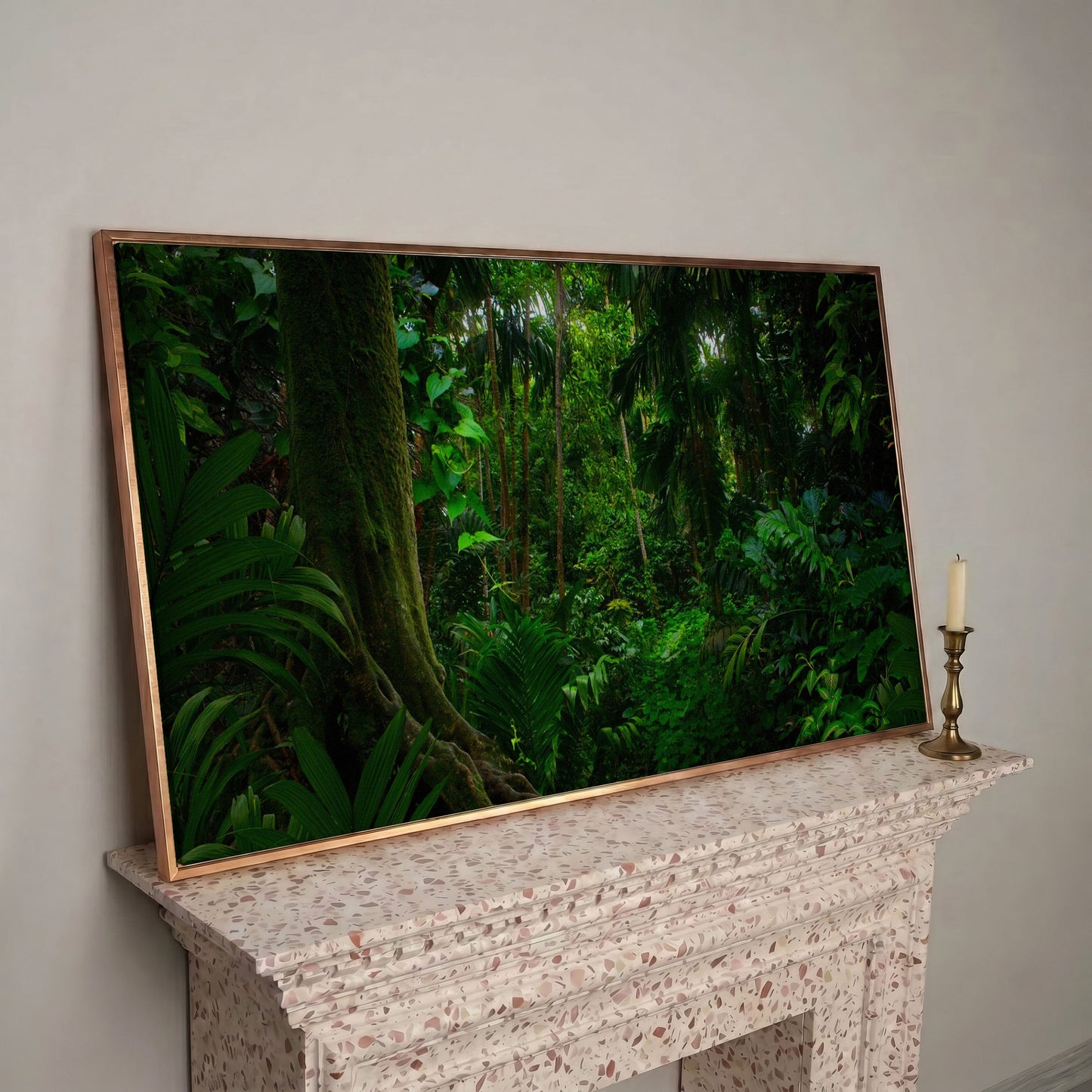 Lush Tropical Jungle Canvas Wall Art in rose gold floating frame