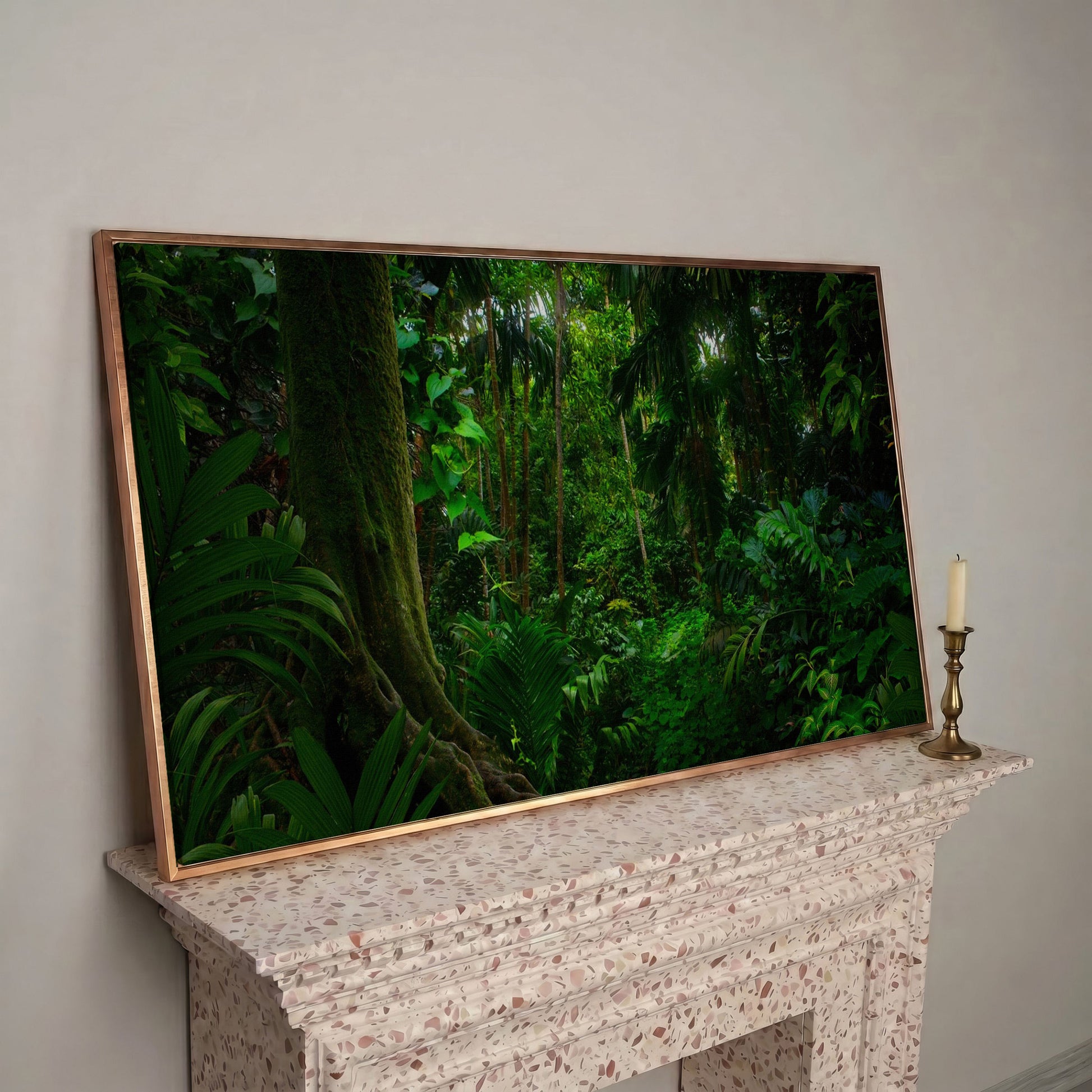 Lush Tropical Jungle Canvas Wall Art in rose gold floating frame