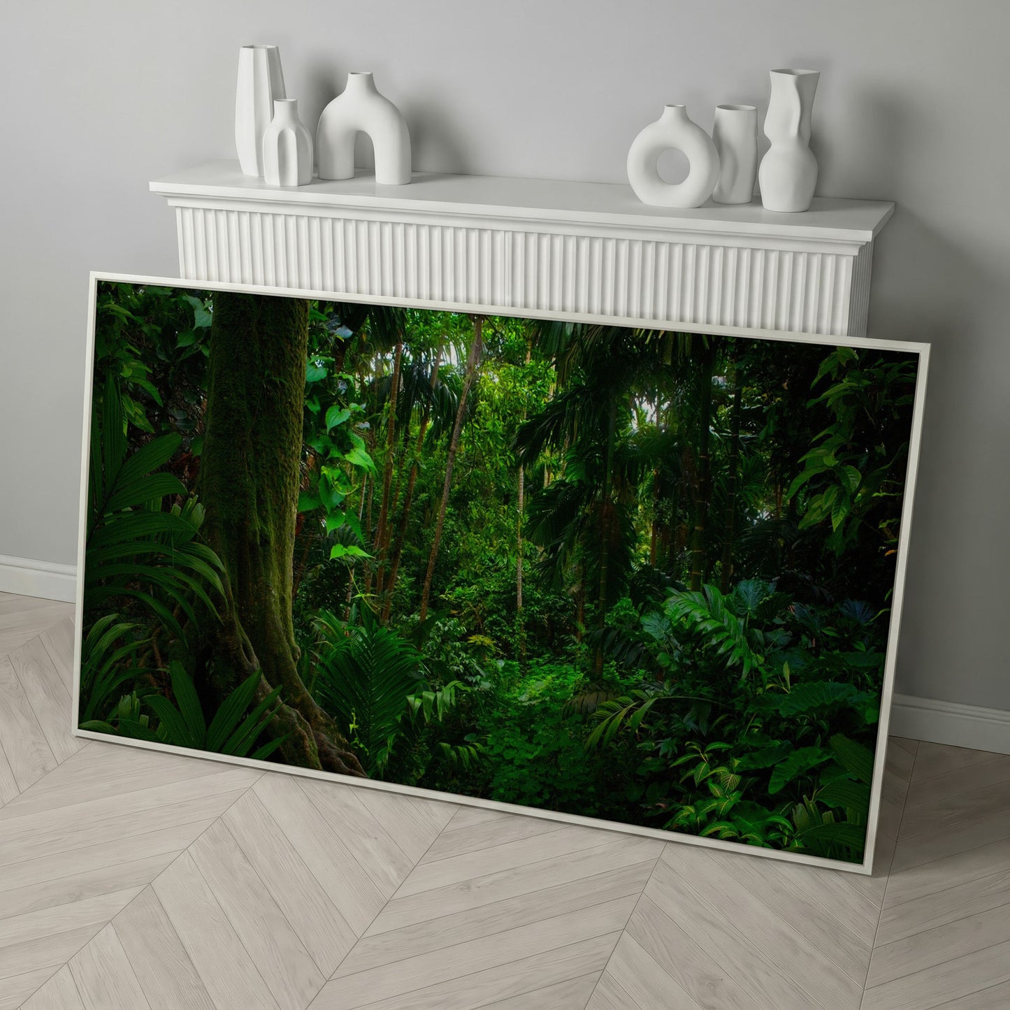 Lush Tropical Jungle Canvas Wall Art in white floating frame