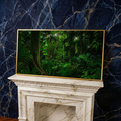 Lush Tropical Jungle Canvas Wall Art in yellow gold floating frame