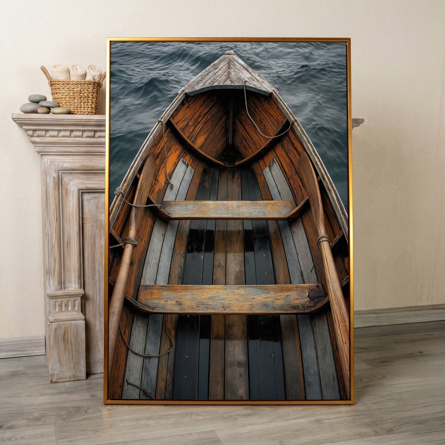 Rustic Wooden Rowboat Canvas Wall Art for Coastal Decor in antique gold floating frame