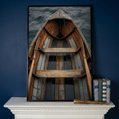 Rustic Wooden Rowboat Canvas Wall Art for Coastal Decor in black floating frame