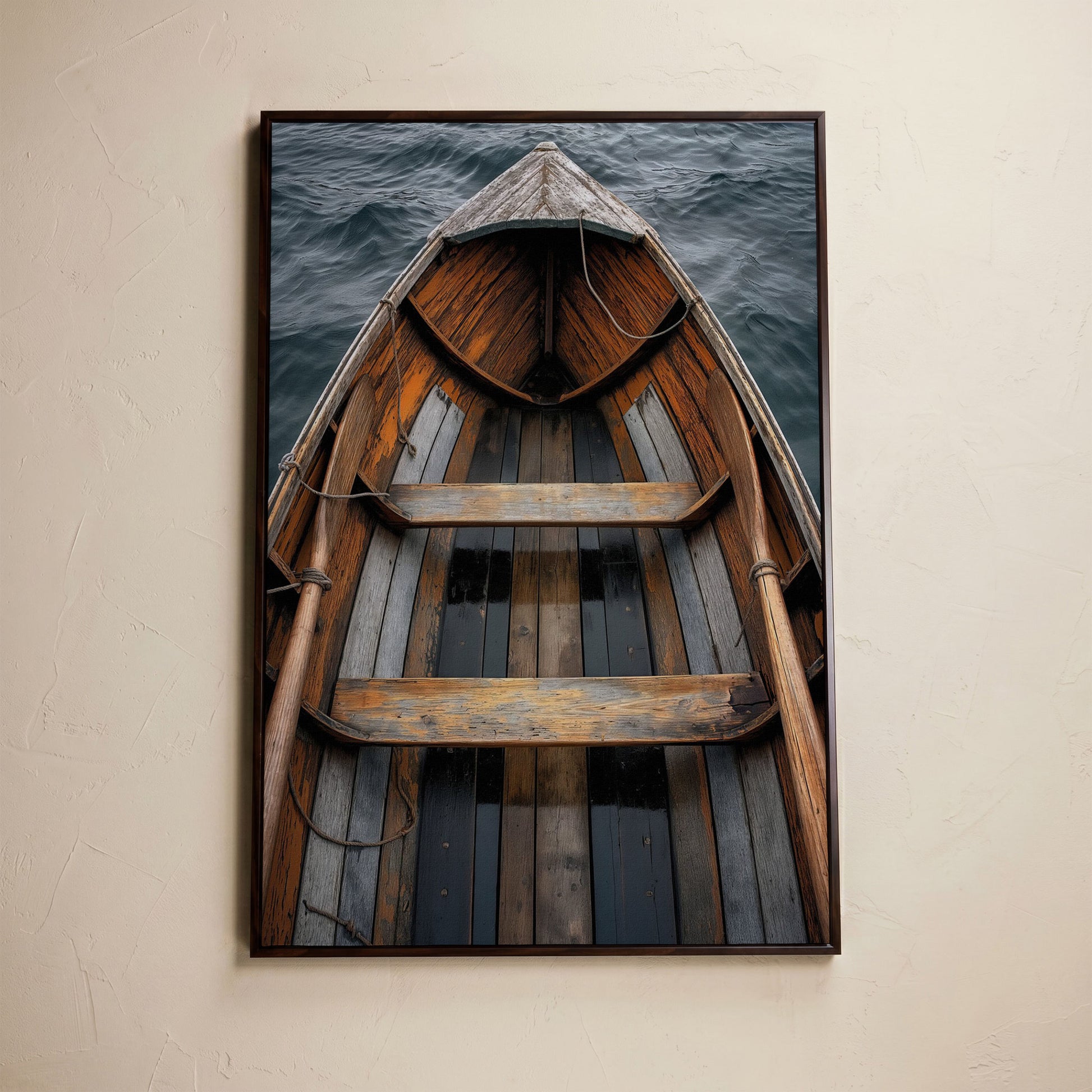 Rustic Wooden Rowboat Canvas Wall Art for Coastal Decor in dark walnut floating frame