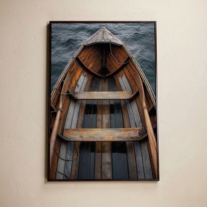 Rustic Wooden Rowboat Canvas Wall Art for Coastal Decor in dark walnut floating frame