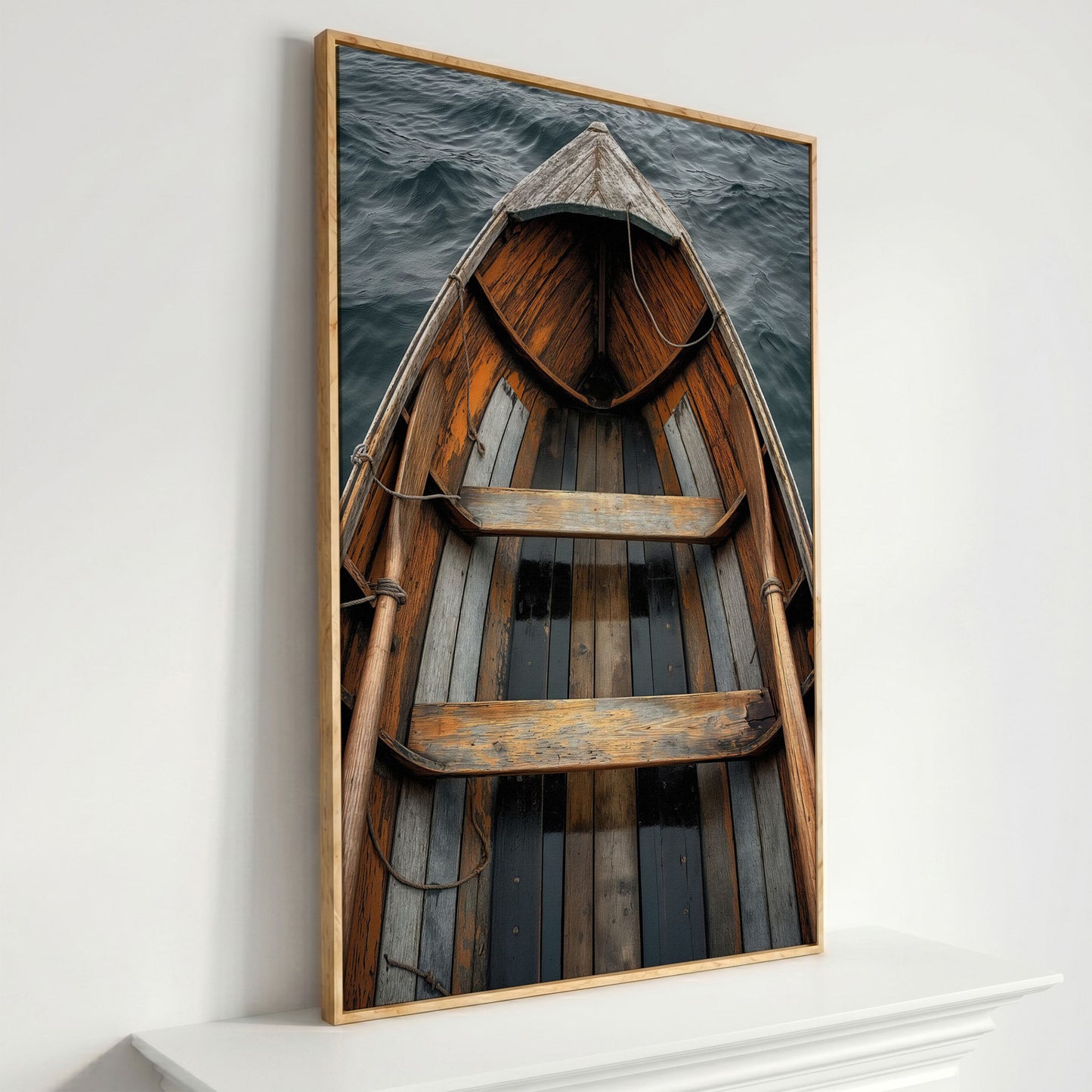 Rustic Wooden Rowboat Canvas Wall Art for Coastal Decor in white oak floating frame