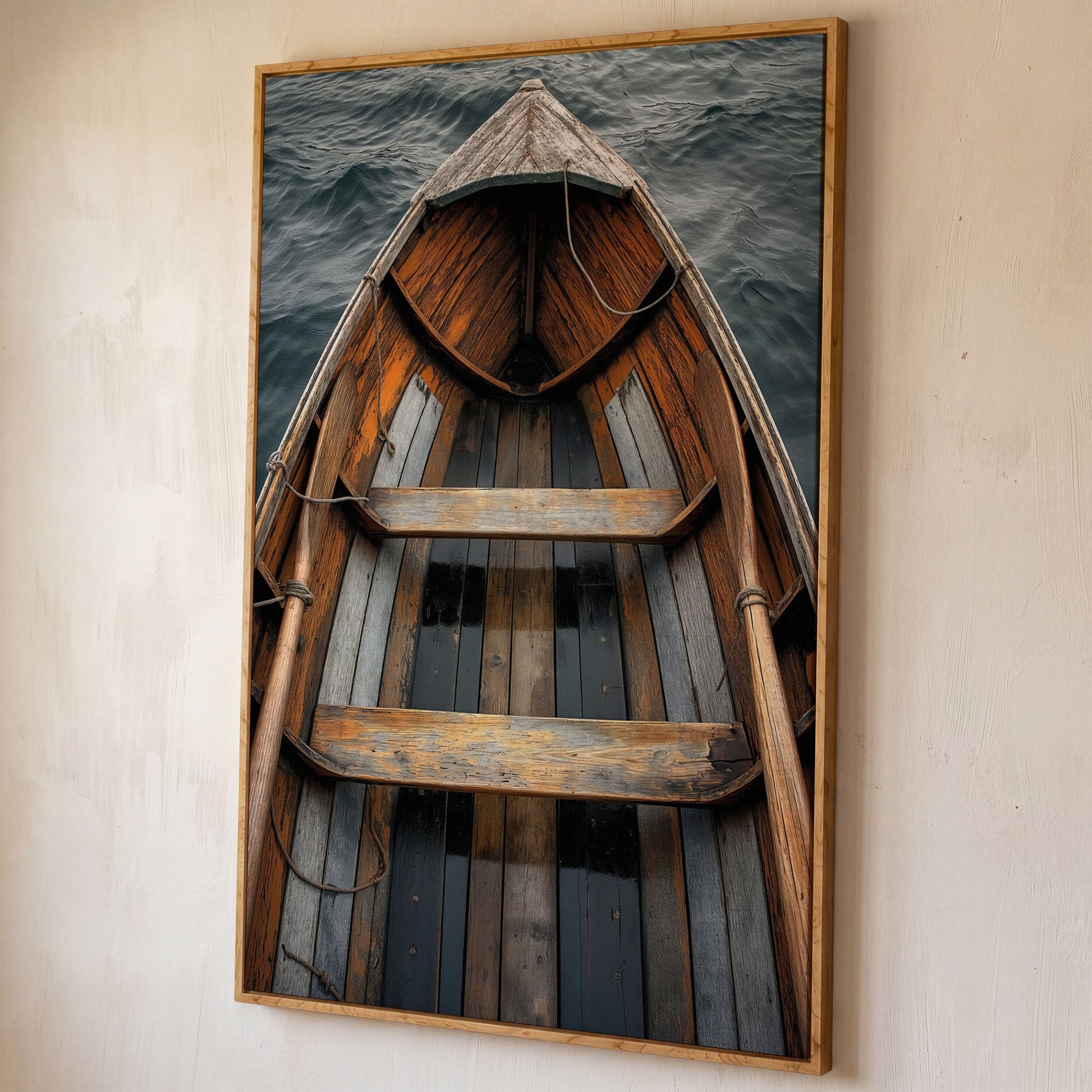 Rustic Wooden Rowboat Canvas Wall Art for Coastal Decor shown in white oak floating frame