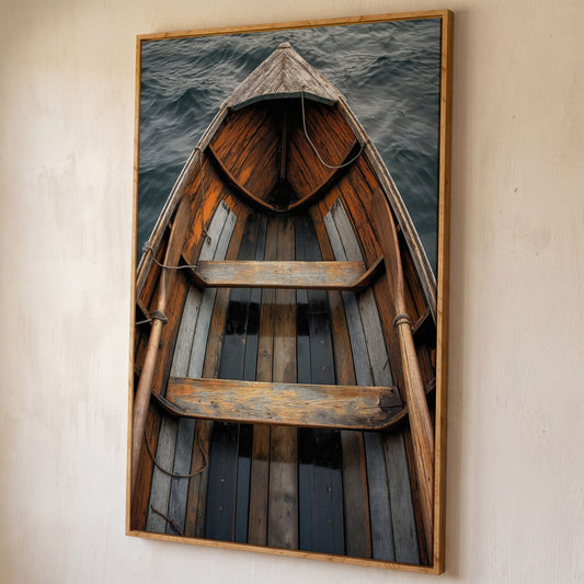 Rustic Wooden Rowboat Canvas Wall Art for Coastal Decor shown in white oak floating frame