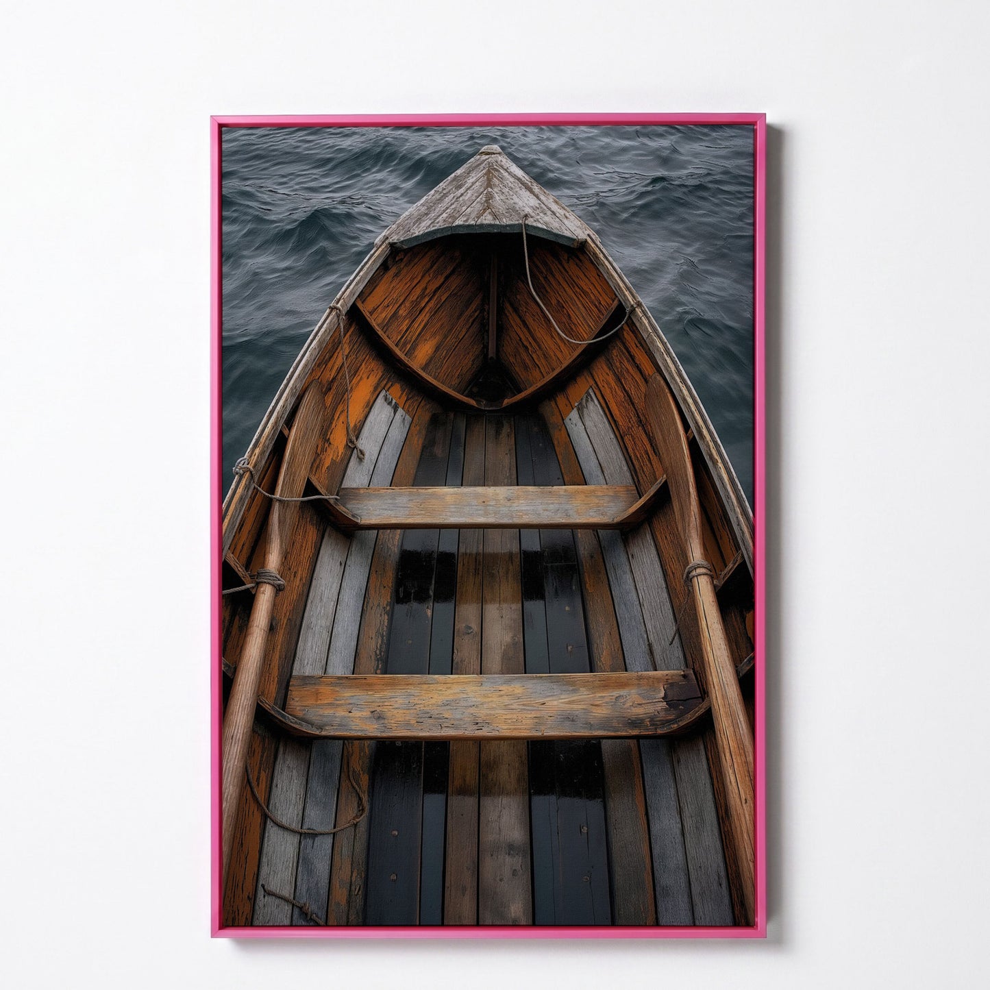Rustic Wooden Rowboat Canvas Wall Art for Coastal Decor in pink floating frame