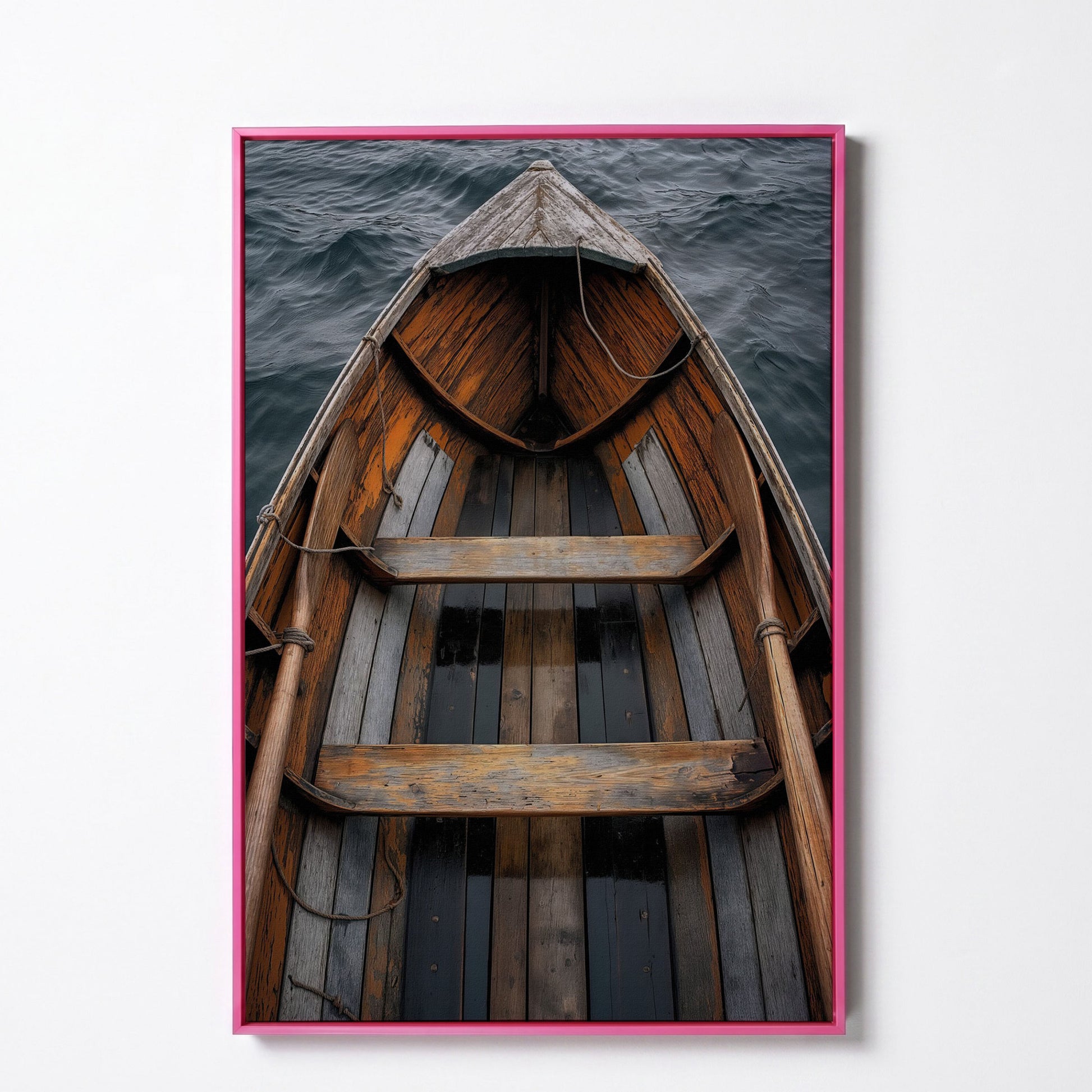 Rustic Wooden Rowboat Canvas Wall Art for Coastal Decor in pink floating frame