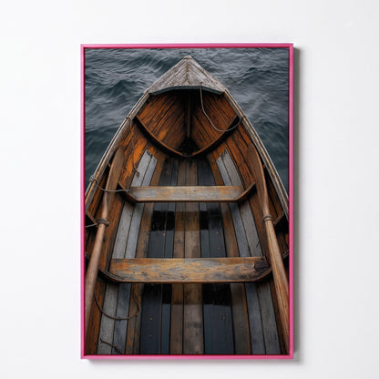 Rustic Wooden Rowboat Canvas Wall Art for Coastal Decor in pink floating frame