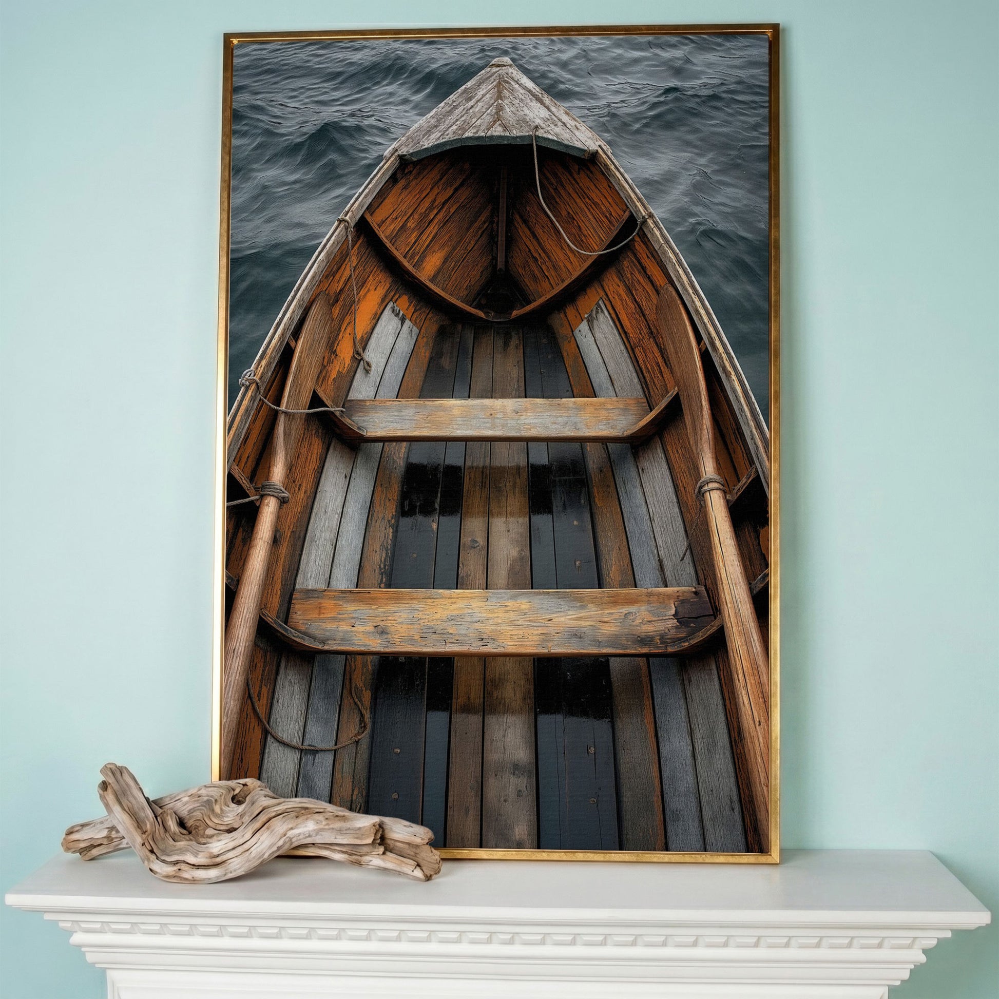 Rustic Wooden Rowboat Canvas Wall Art for Coastal Decor in rose gold floating frame